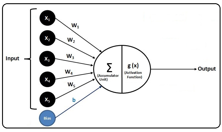 Structure of an artificial neuron with five input variables each multiplied by a weight, a bias input, an accumulator unit performing summation, and an activation function producing the output