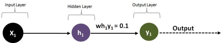 Network diagram with one input X1, one hidden neuron h1, and one output y1, connected by weight wh1y1 equal to 0.1