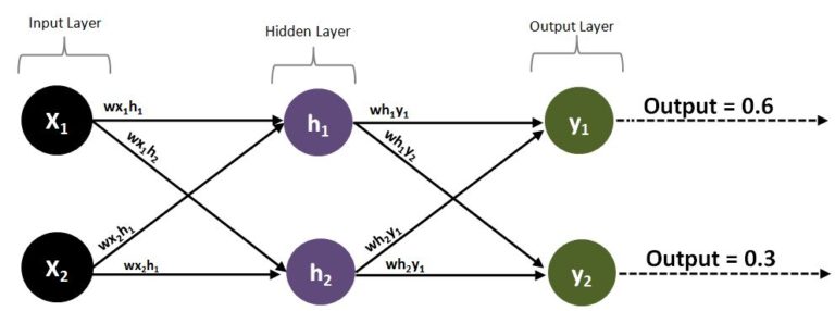Network diagram with two inputs, two hidden neurons h1 and h2, and two outputs y1 and y2, where y1 produces output 0.6 and y2 produces output 0.3