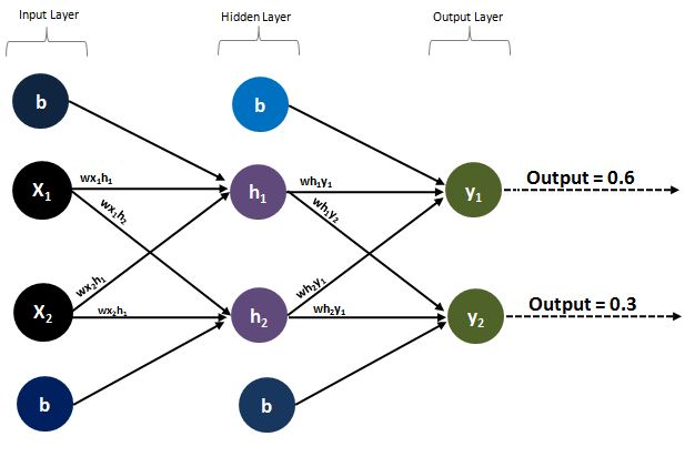 Network diagram with two inputs, two hidden neurons, two outputs, and bias nodes feeding into both the hidden layer and the output layer