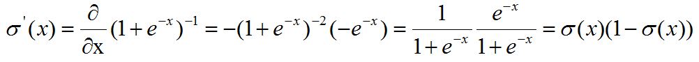 Derivative of the sigmoid function, derived step by step, resulting in sigma of x times the quantity one minus sigma of x