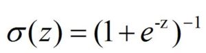 Sigmoid function: sigma of z equals the quantity 1 plus e to the negative z, raised to the power of negative 1
