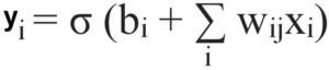 Equation for an artificial neuron: y sub i equals sigma of b sub i plus the sum over j of w sub ij times x sub j