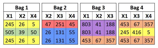 Four bags each combining duplicate observations from bootstrap sampling with a different unique subset of features