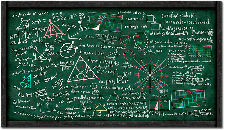 Chalkboard covered in handwritten statistical formulas and distributions
