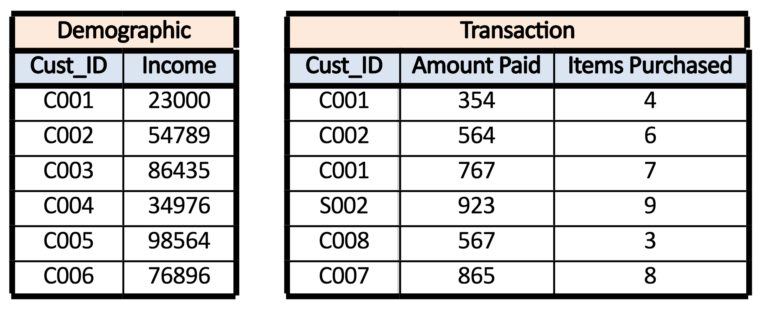 Demographic table with Cust_ID and Income, and Transaction table where some Cust_IDs repeat across multiple transaction rows