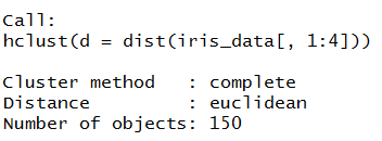 clusters hclust output - complete linkage, euclidean distance, 150 objects