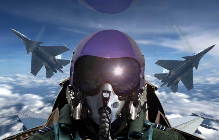 A fighter jet pilot, illustrating the example of jet speed and G-force