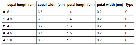 iris_data.head() showing sepal length, sepal width, petal length, petal width and Type columns