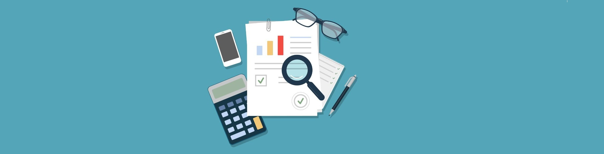Flat illustration of reports with line, bar and pie charts being examined through a magnifying glass, alongside glasses, a pencil and a calculator