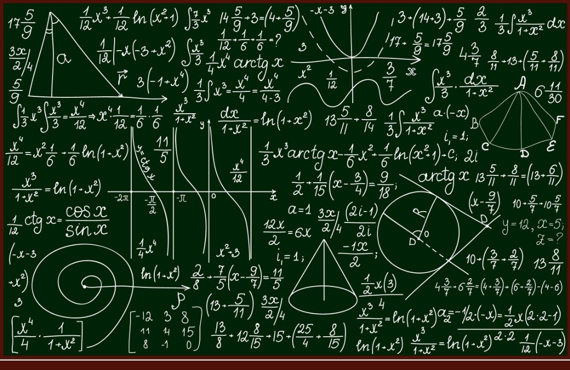 Chalkboard covered in handwritten mathematical formulas and a distribution curve