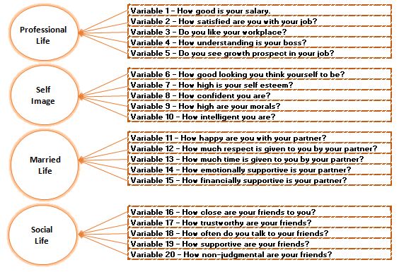 Diagram grouping the 20 variables into four latent constructs: Professional Life, Self Image, Married Life and Social Life