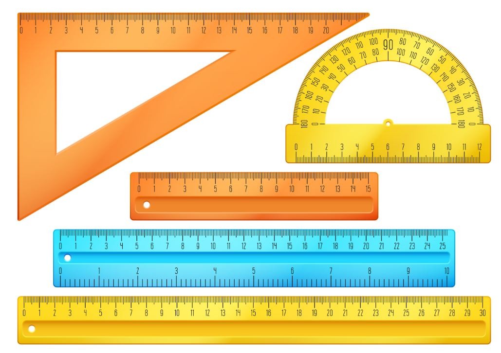 Rulers and a protractor representing scaling features onto a common scale