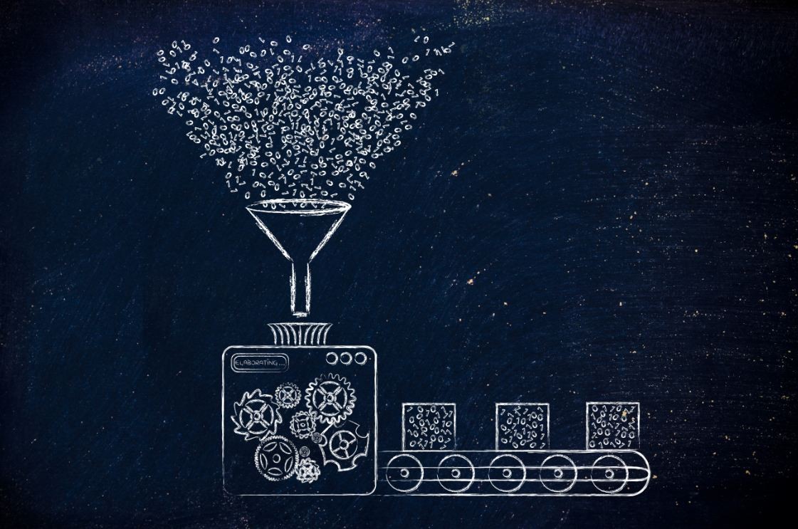 A funnel of data being transformed and consolidated
