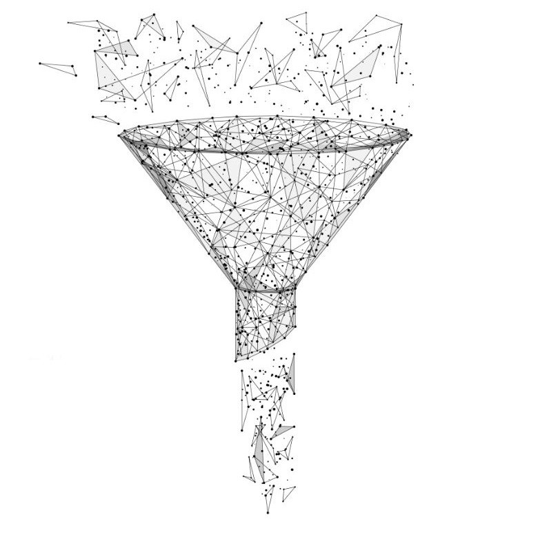 A funnel filtering a network of features down to a smaller core set