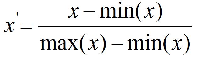 Min-Max scaling formula: x prime equals x minus min of x, divided by max of x minus min of x