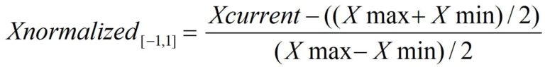 Min-Max scaling formula normalized to the range -1 to 1, centred on 0