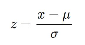 Z-score formula: z equals x minus mu, divided by sigma
