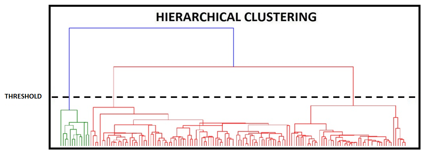 Same dendrogram as above with a dashed horizontal threshold line cutting across it to mark off a chosen number of clusters