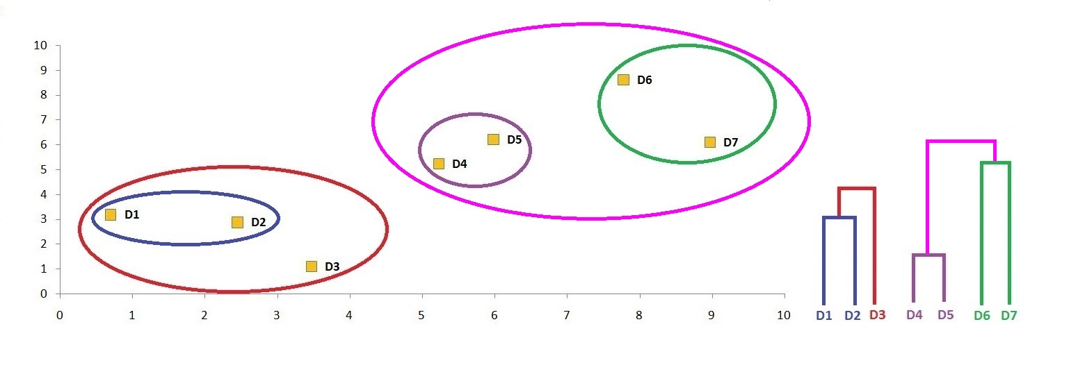 Scatter plot with D4, D5, D6 and D7 all enclosed in one larger oval and the dendrogram updated to join the D4,D5 and D6,D7 clusters
