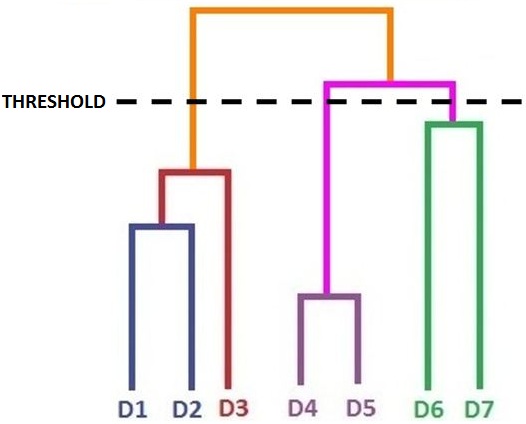 Scatter plot with three coloured ovals grouping D1,D2,D3, D4,D5 and D6,D7, with the dendrogram showing a dashed threshold line cutting across to produce exactly these three clusters