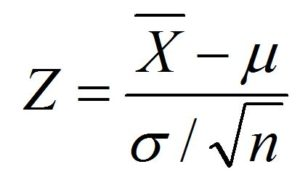 Z score formula, Z equals X bar minus mu over sigma divided by the square root of n