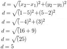 Worked calculation: d equals the square root of (1 minus 5) squared plus (5 minus 2) squared, equals the square root of 16 plus 9, equals the square root of 25, equals 5