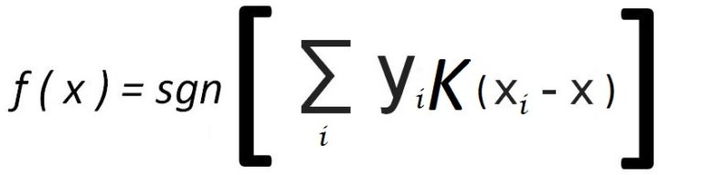 Formula: f(x) equals sgn of the sum over i of y sub i times K of (x sub i minus x), where K is the kernel function