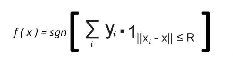 Formula: f(x) equals sgn of the sum over i of y sub i times the indicator function 1 when the norm of x sub i minus x is less than or equal to R