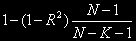 Adjusted R-squared formula expressed as 1 minus the quantity 1 minus R-squared, scaled by N minus 1 over N minus K minus 1