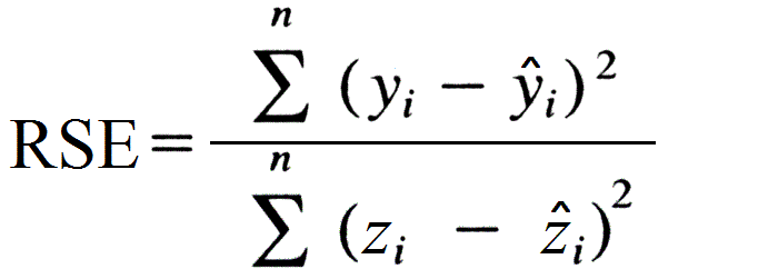 Relative Squared Error formula, the sum of squared differences between actual and predicted value divided by the sum of squared differences between actual value and a baseline mean predictor