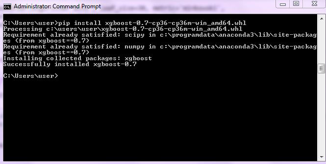 Command prompt showing pip install of the xgboost-0.7 wheel file, completing with 'Successfully installed xgboost-0.7'