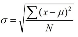 Population standard deviation formula, sigma equals the square root of the sum of squared deviations from the population mean divided by N