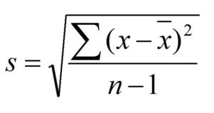 Sample standard deviation formula, s equals the square root of the sum of squared deviations from the sample mean divided by n minus 1