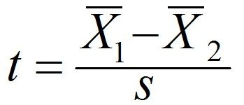 Independent two sample t-test formula, t equals X1 bar minus X2 bar over s