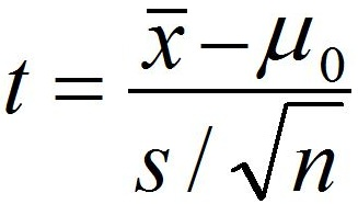One sample t-test formula, t equals sample mean minus population mean divided by s over square root of n